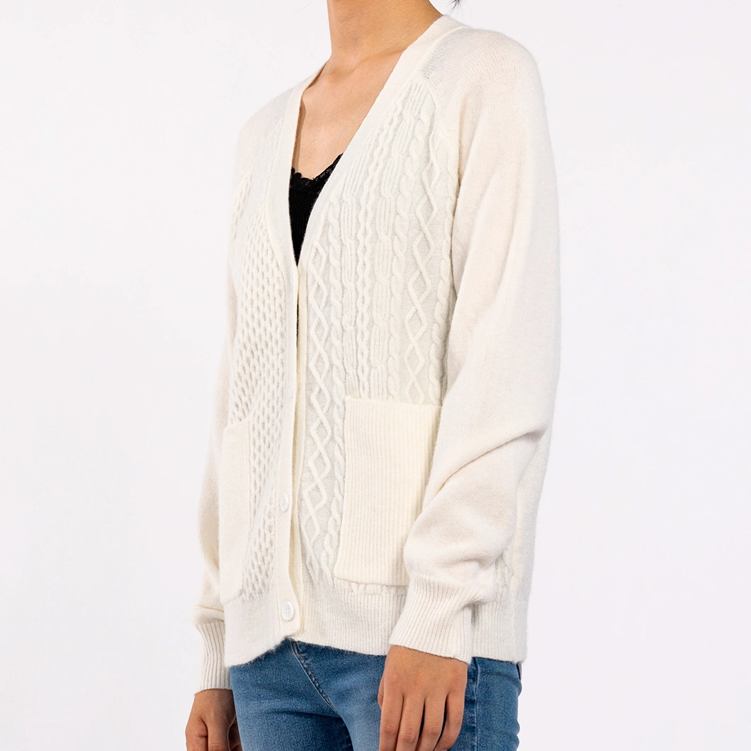 Spring Fall Design Textured V-Neck Long Sleeve with Pockets White Cardigan for Women