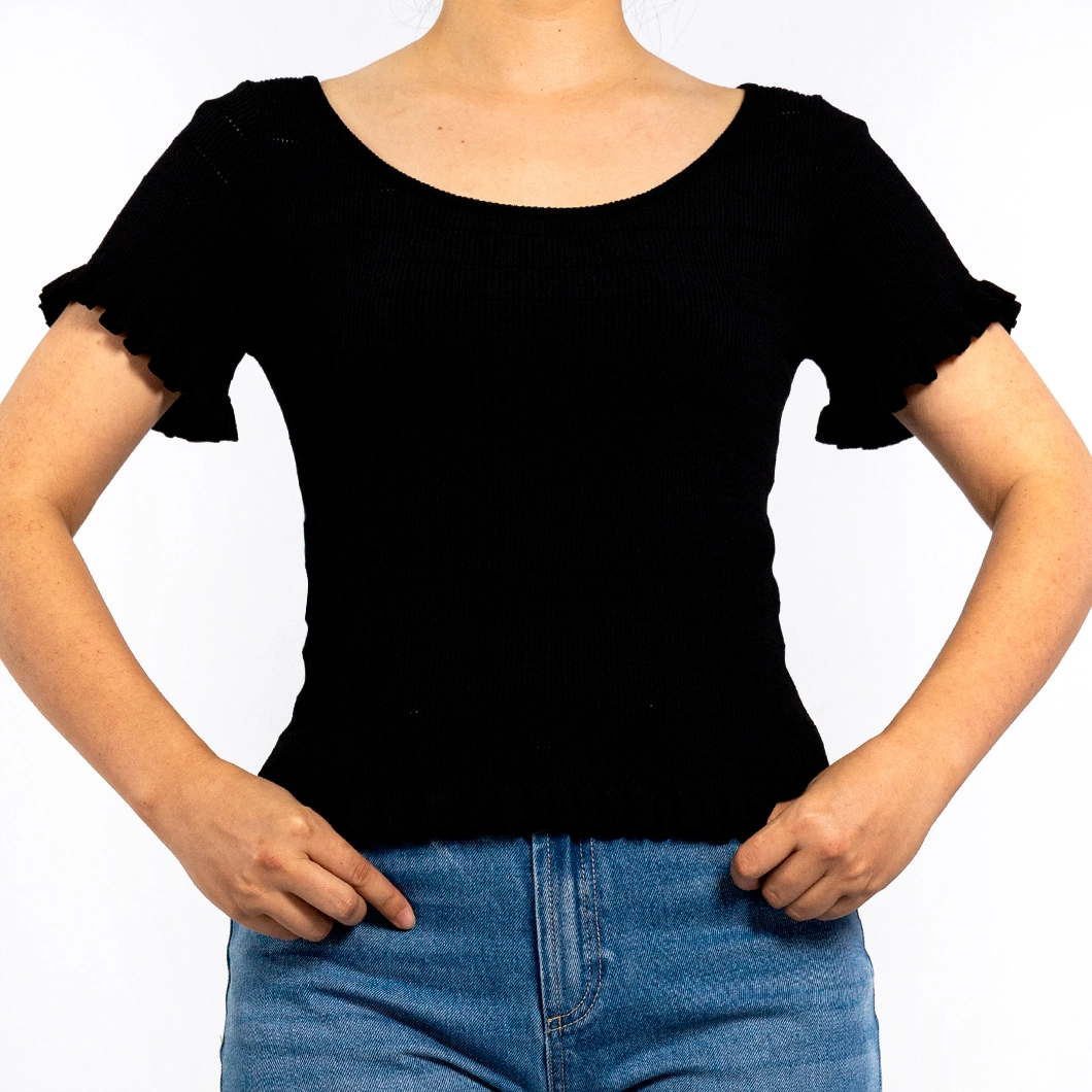 Knitted Round Neck Ruffle Short Sleeve Pullover Black Women Shirts