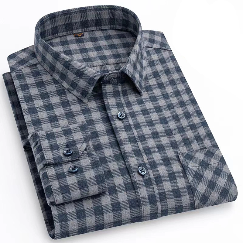 Men Causal Long Sleeve Custom Check Pattern Turn-Down Collar Loose Fit Flannel Plaid Shirt