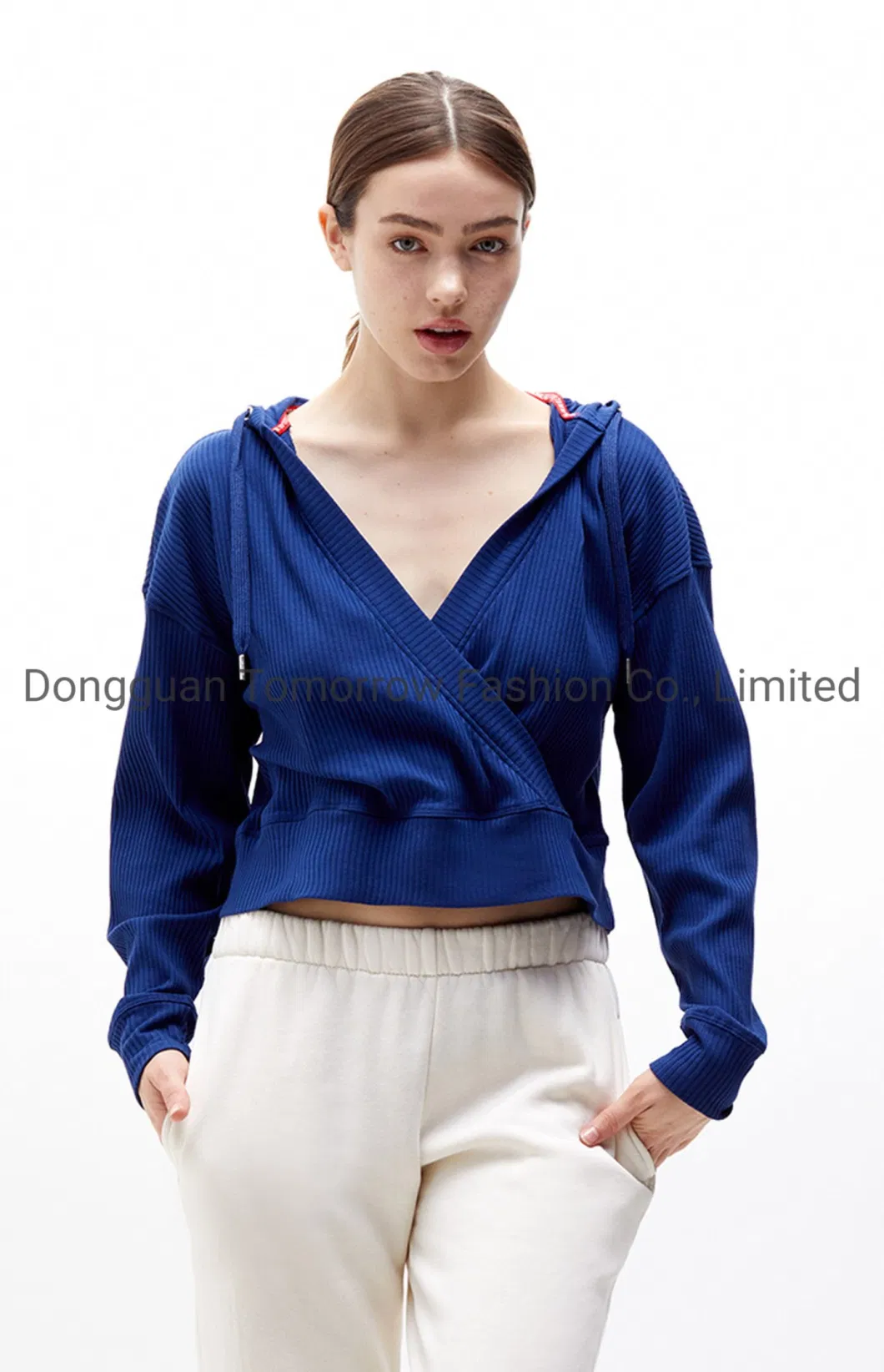 V Neck OEM New Promotion Fleece Ladies Custom Long Sleeves Comfy Ribbed Cotton Knitted Sets Blue Women Hoodies