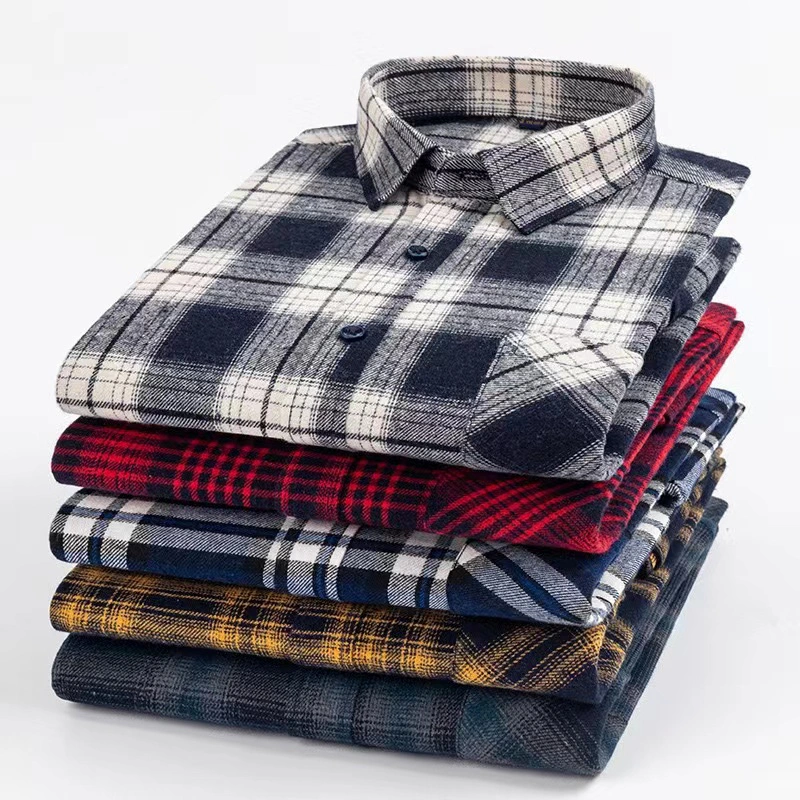 Men Causal Long Sleeve Custom Check Pattern Turn-Down Collar Loose Fit Flannel Plaid Shirt