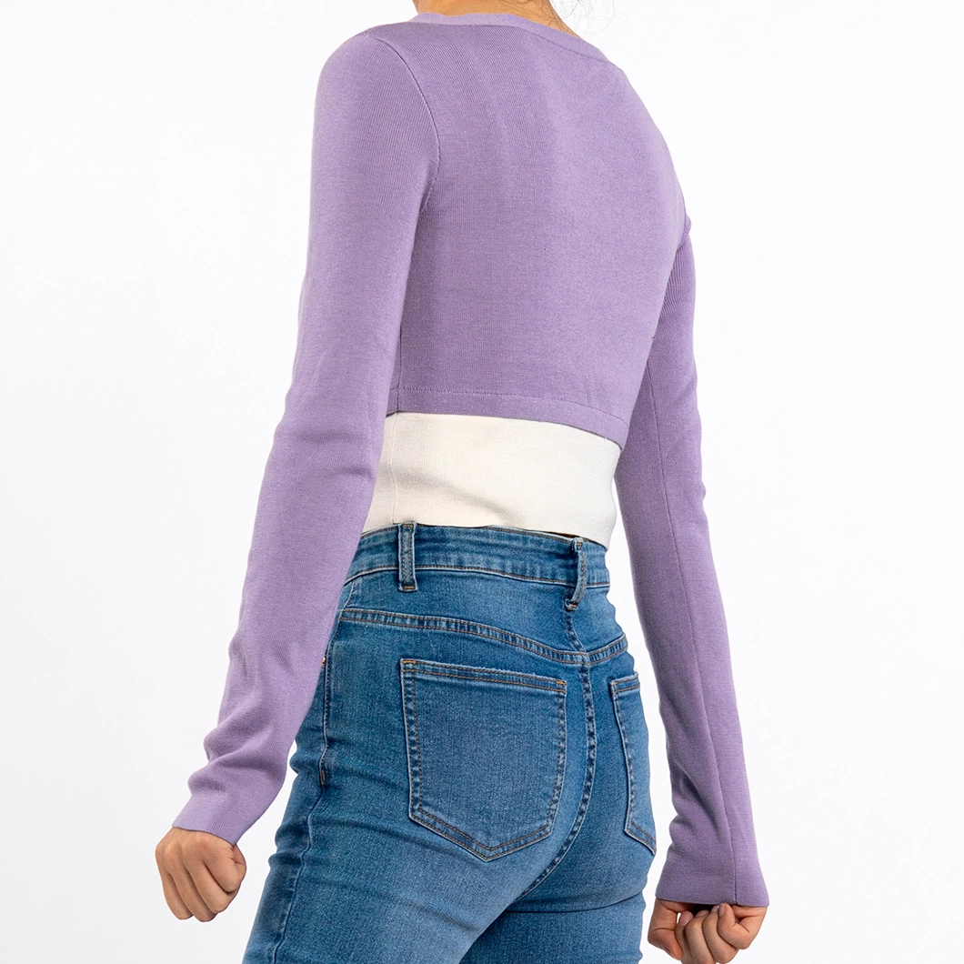 Fake Two Pieces V Neck Long Sleeved T-Shirt Knit Crop Shirt for Women