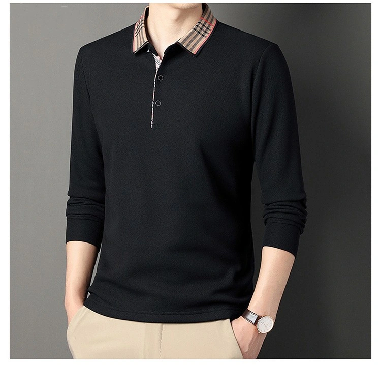 Autumn and Winter Plus Fleece Men&prime;s Long Sleeved Polo Comfortable Cotton Men&prime;s Blouse Casual Solid Color Men&prime;s Polo Shirt