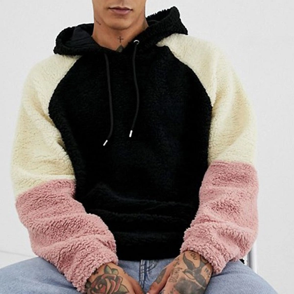 Custom Colorblock Knitted Sweatshirt Men Block Colorful Oversize Lamb Wool Fleece Customized Hoodie