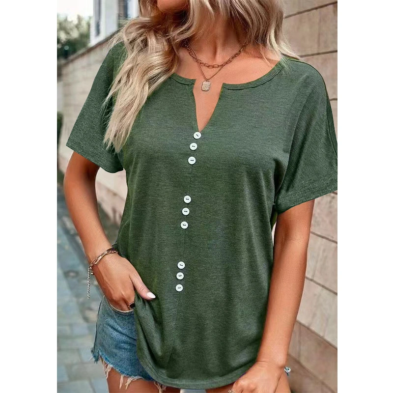 Solid Color Women&prime;s Soft Fashion Small V-Neck Top Short-Sleeved T-Shirt Clothing