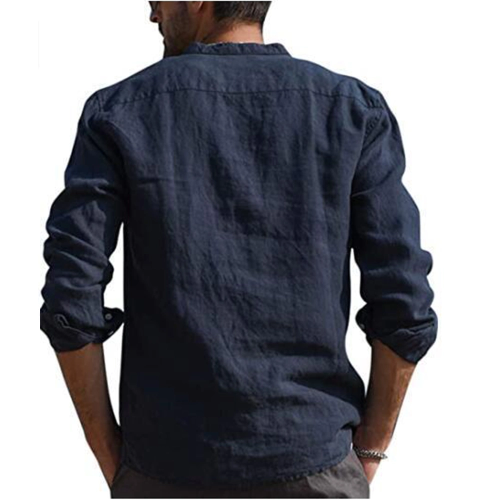 Hot Sale New 100% Cotton Line Men&prime; S Long-Sleeved Shirts Summer Solid Color Stand-up Collar Casual Beach Style