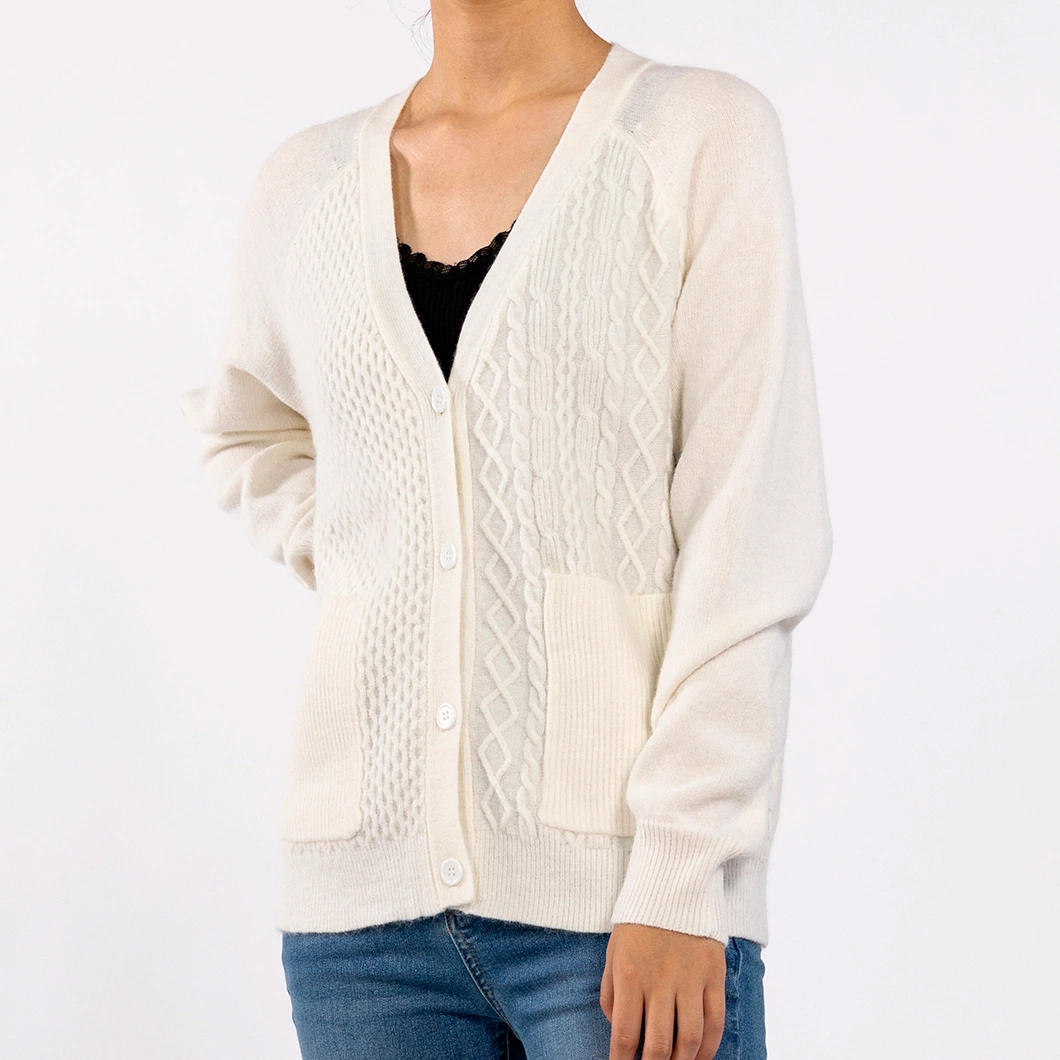 Spring Fall Design Textured V-Neck Long Sleeve with Pockets White Cardigan for Women