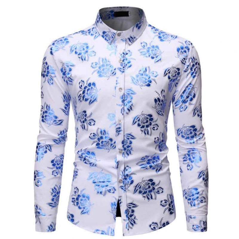 Elegant Men&prime;s Fashion Casual Long Sleeved Flower Print Shirt