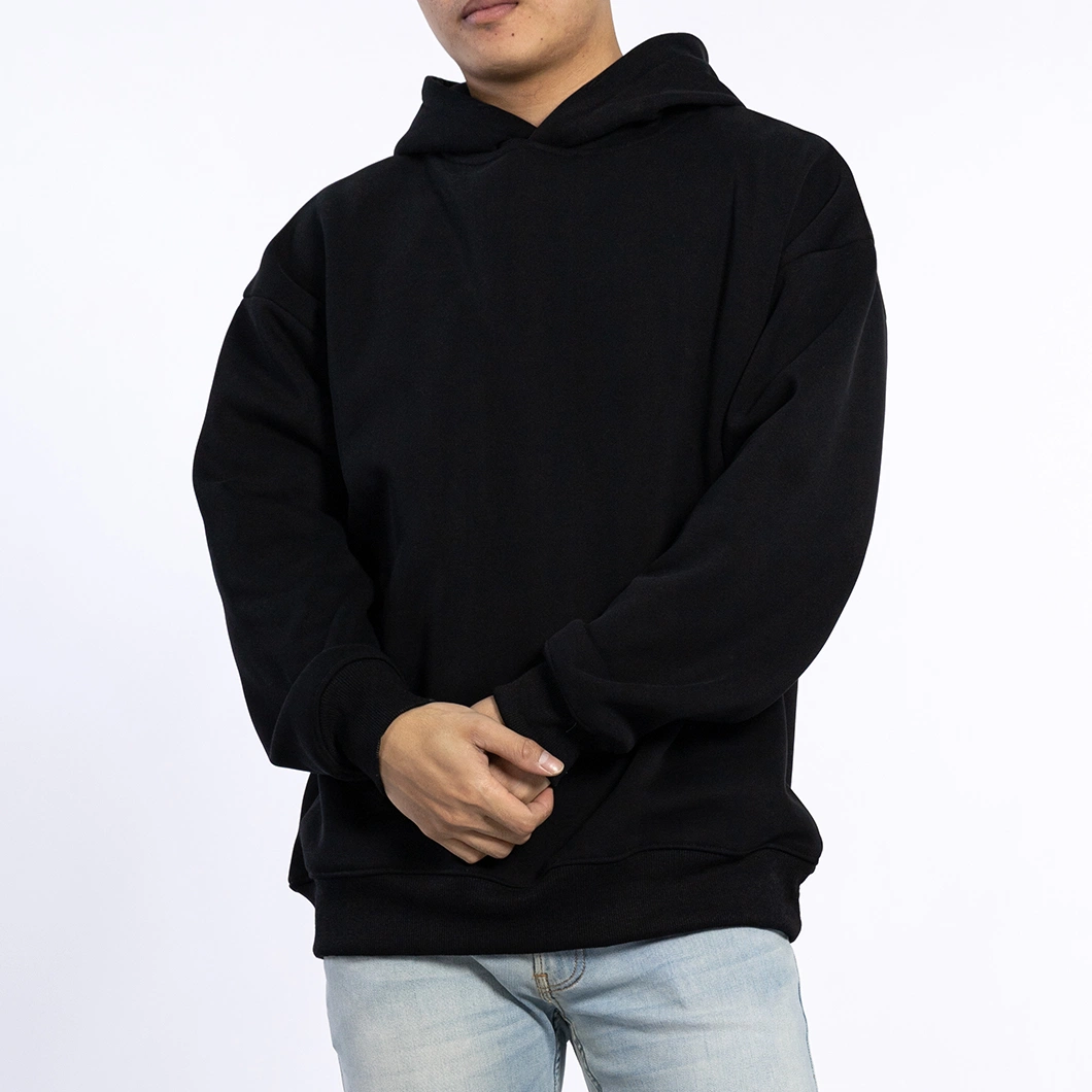 Custom 330GSM Knitted Cotton Male Pullover Soft Long Sleeve Black Hoodies for Men