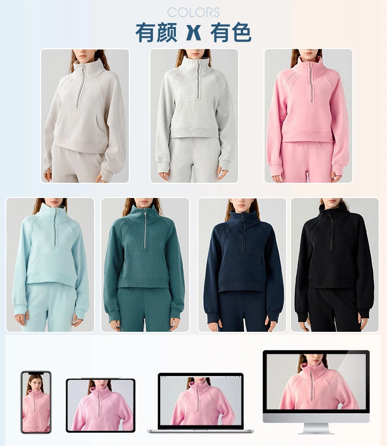 Half Zipper Stand-up Collar Pullover Women Casual Warm Fleece Thick Sports Hoodie