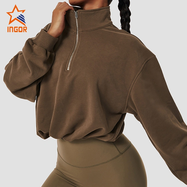 Ingor Sporstwear Activewear Pullover High Neck Fitness Sports Gym Wear Women Outdoor Running Drawstring Zipper Loose Long Sleeve Hoodies