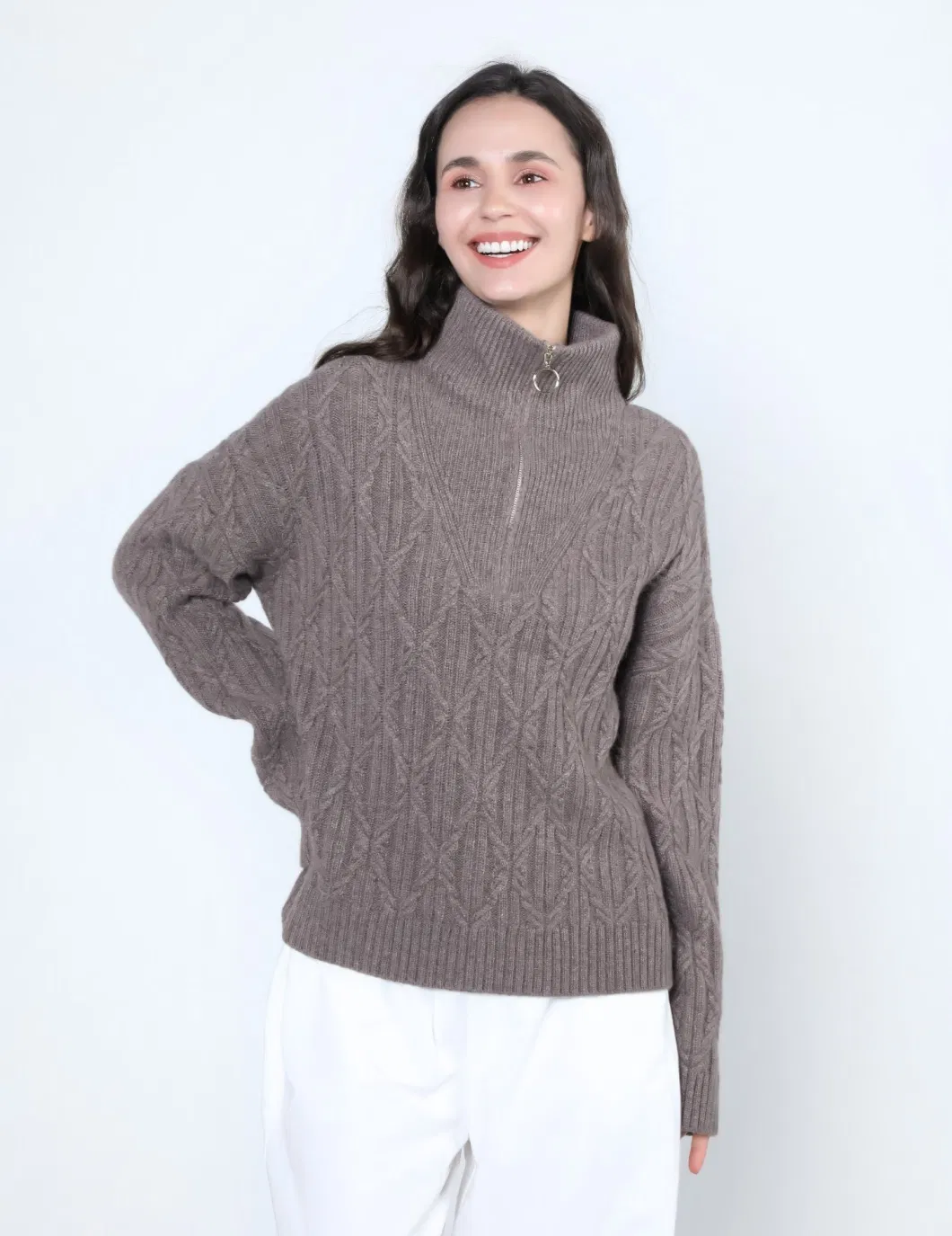 Womens Zip-up Ribbed Neck Cable Knitted Cashmere Jumper Sweater