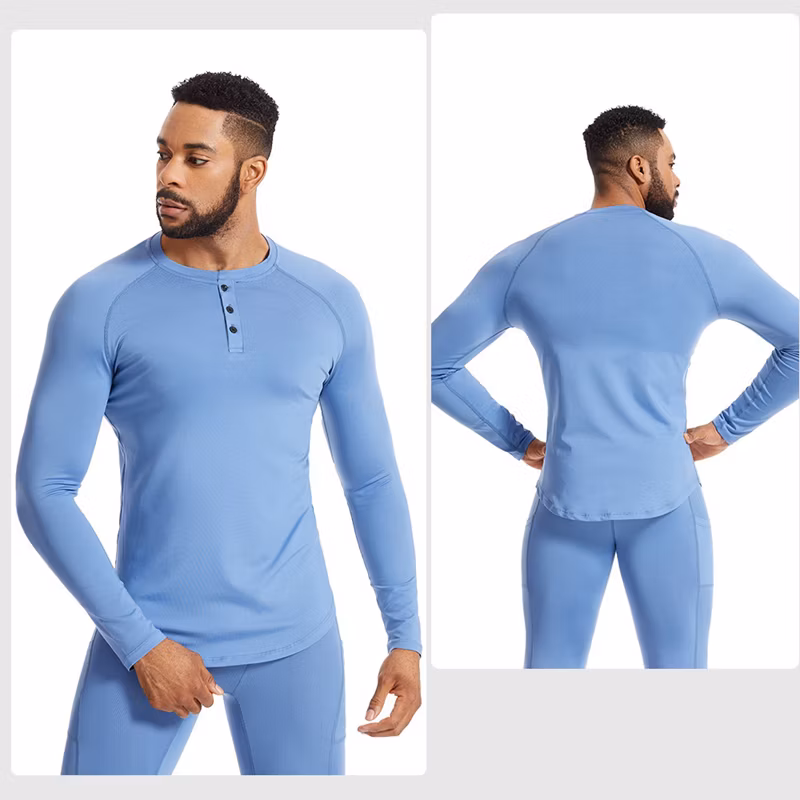 OEM Slim Fit Long Sleeve Henley Neck Workout Shirts with Buttons Closure Soft Sports Pullover Base Layer Gym Training Sweatshirts