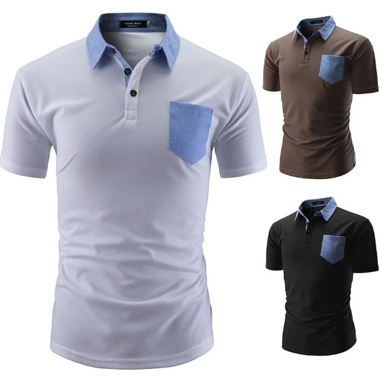 Single Cotton Spandex Jersey Polo Shirts with Custom Logo Printing on Pockets