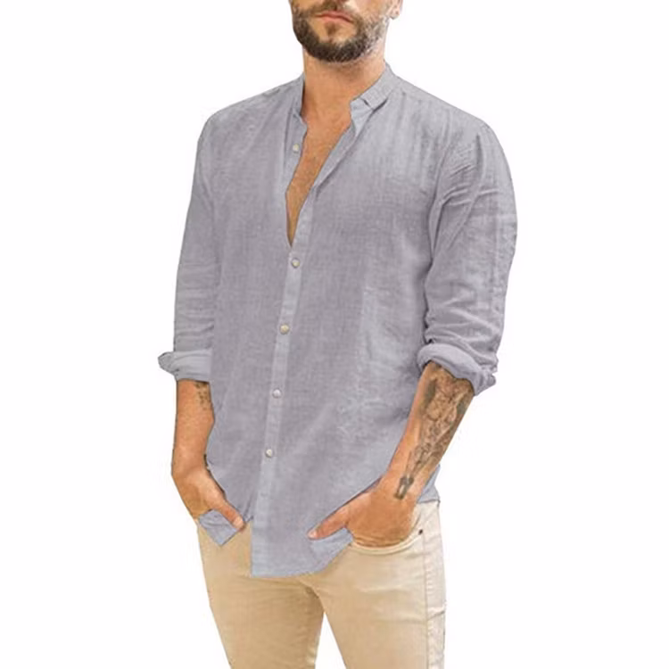 High Quality Men&prime; S Half Sleeve Linen Cardigan Plain Casual Stand Collar Shirt Beach Linen Loose Shirts Custom Polo Shirt Cotton Linen Shirt