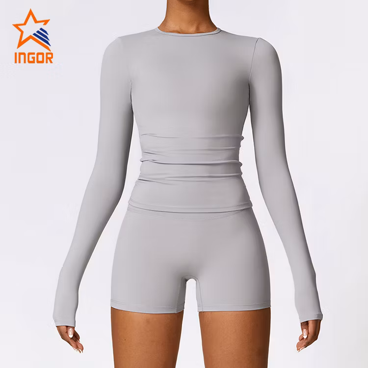Ingor Sportswear Custom Women Activewear Manufacturer China Brushed Long Sleeve Yoga Wear High Support Fitness Gym Wear Pilates Running Sports T Shirts
