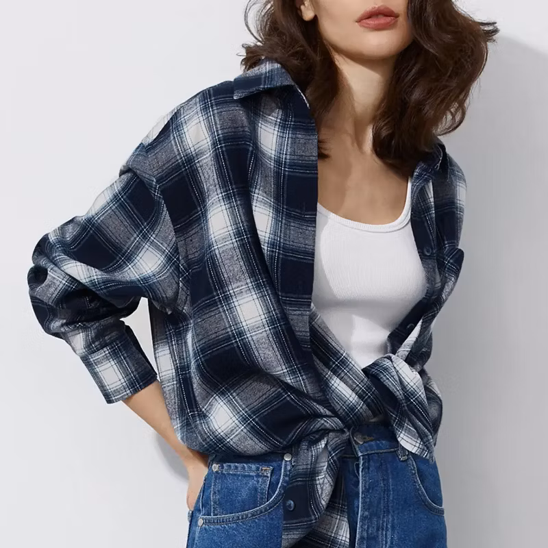 Flannel Plaid Oversized Checkered Shirt Womens Tops Long Sleeve Shirts Jacket Women