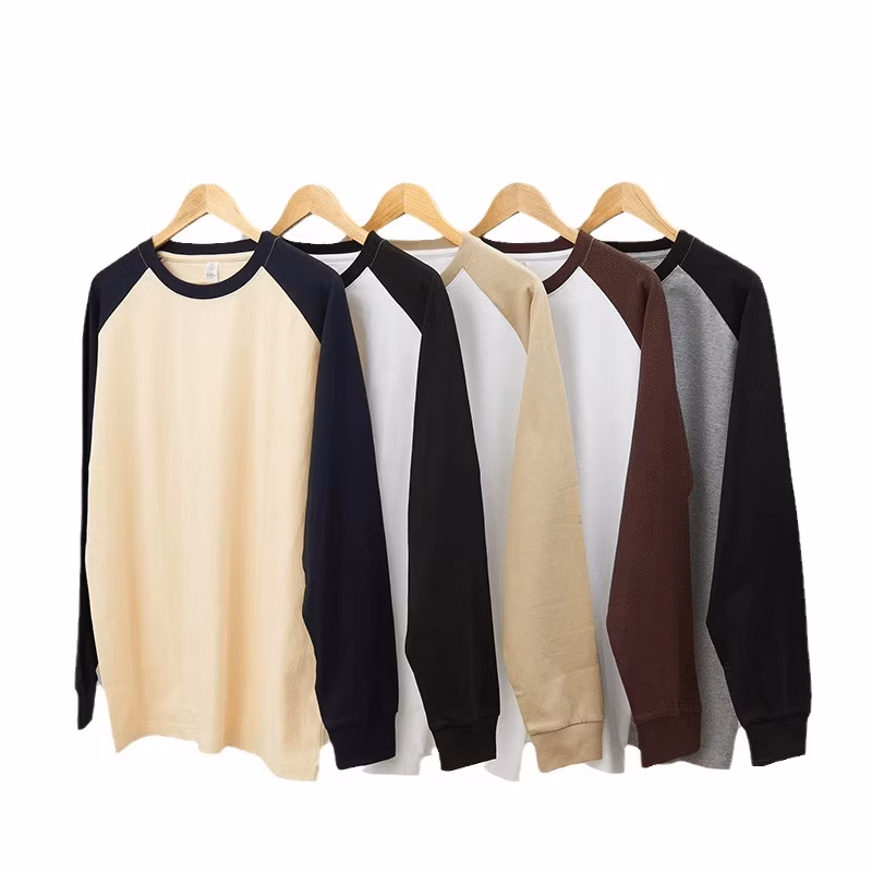 250g Heavy Spring and Autumn Cotton Combination Color Shoulder Long Sleeve T-Shirt Trend Retro Casual with Loose Top Men