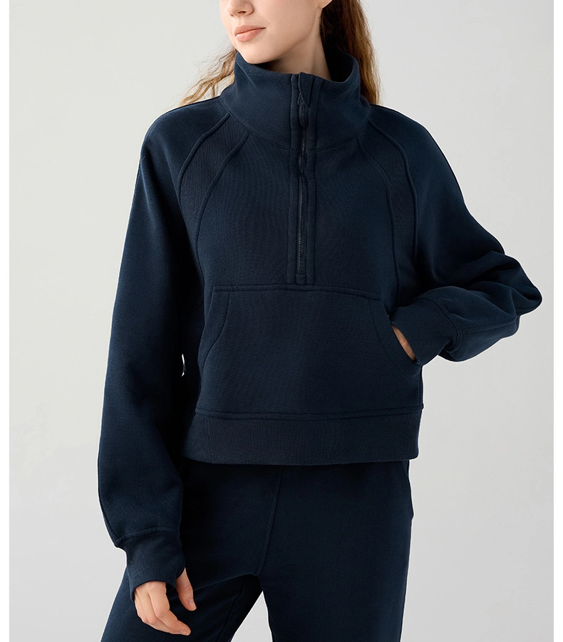 Half Zipper Stand-up Collar Pullover Women Casual Warm Fleece Thick Sports Hoodie