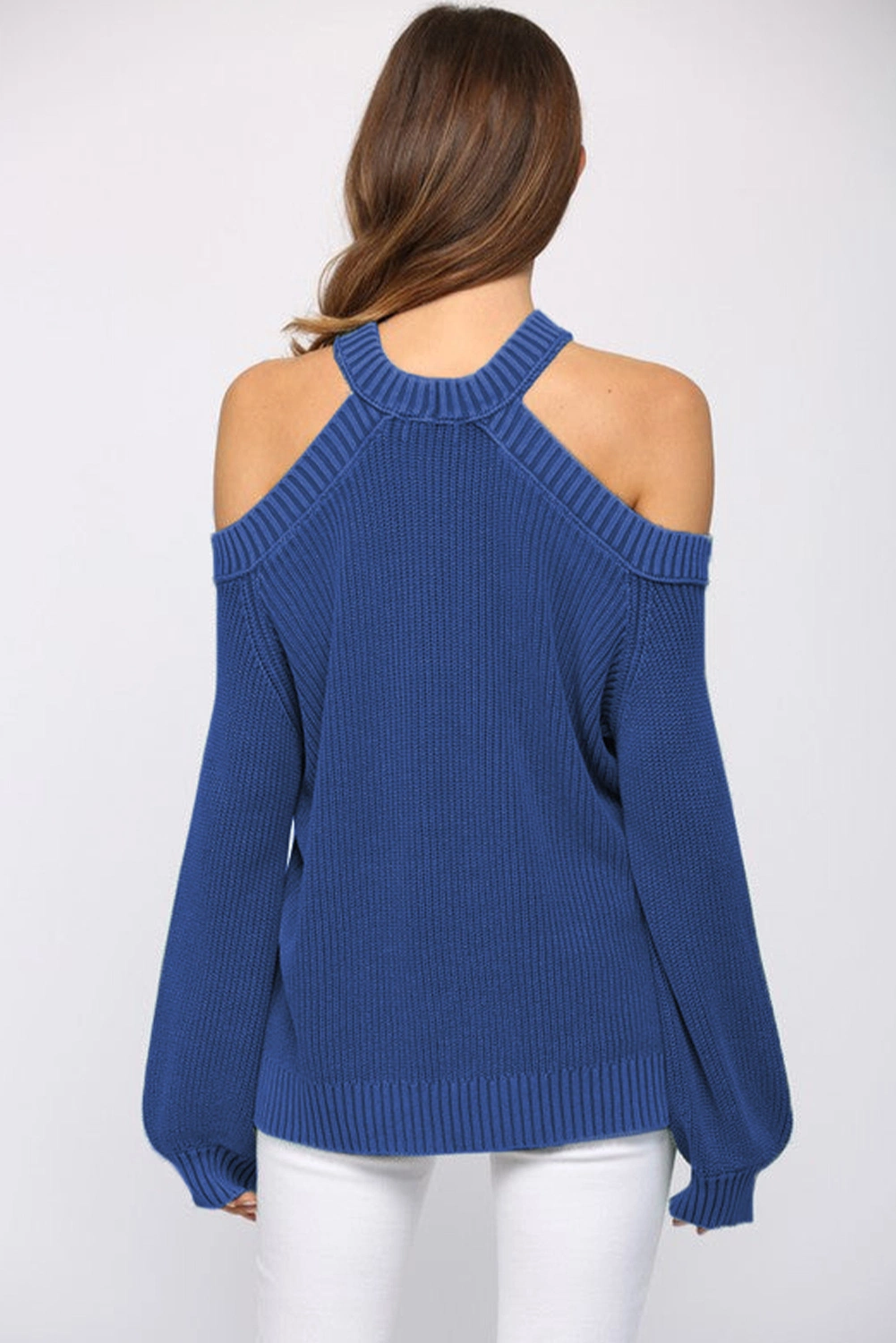 2024 Wholesale Designer Ladies Garment Women Winter Casual Loose Halter Neck Cold Shoulder Ribbed Crochet Knitted Sweater