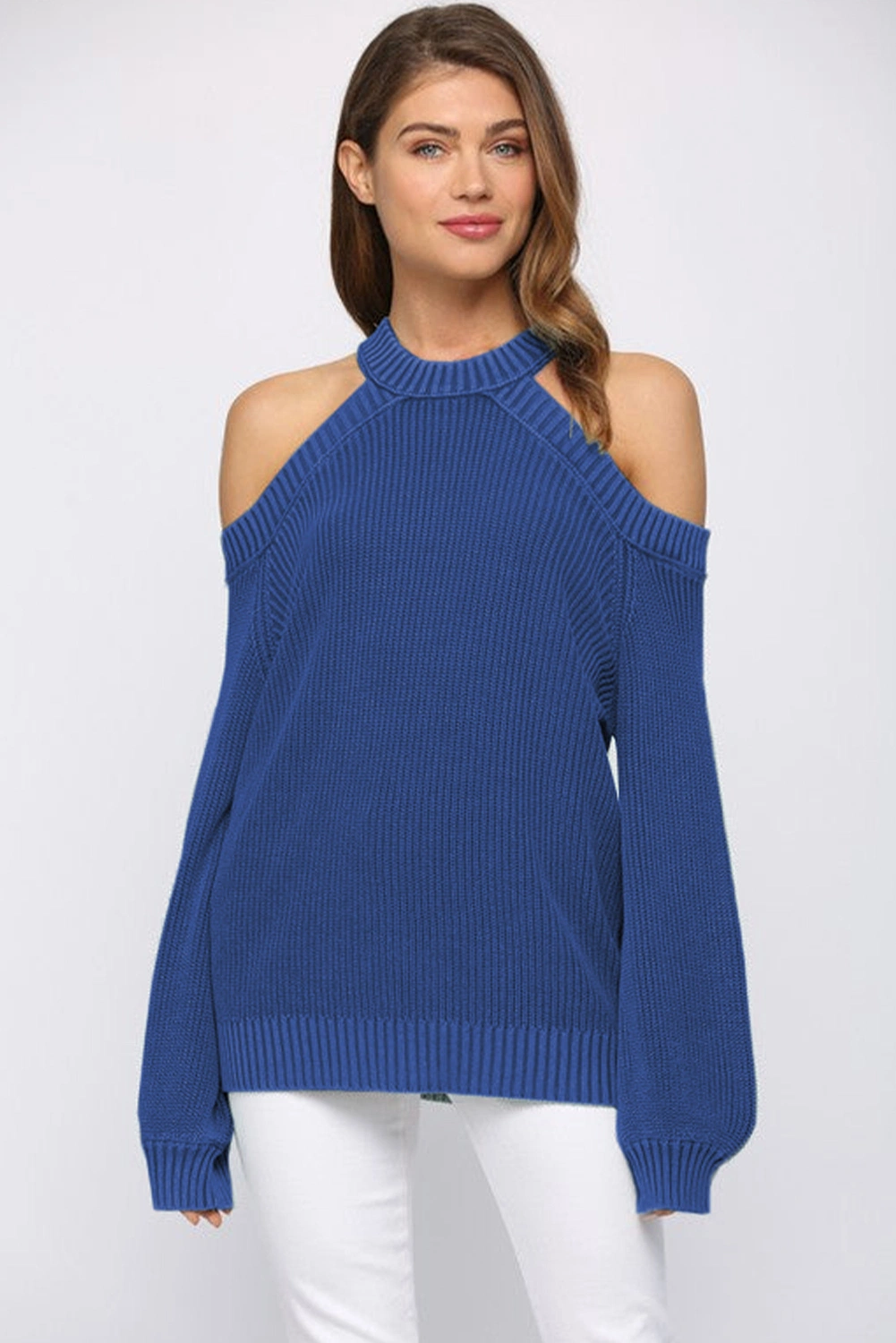 2024 Wholesale Designer Ladies Garment Women Winter Casual Loose Halter Neck Cold Shoulder Ribbed Crochet Knitted Sweater