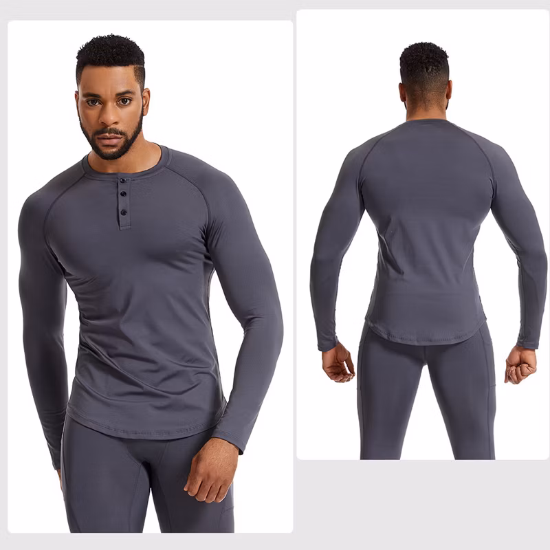 OEM Slim Fit Long Sleeve Henley Neck Workout Shirts with Buttons Closure Soft Sports Pullover Base Layer Gym Training Sweatshirts