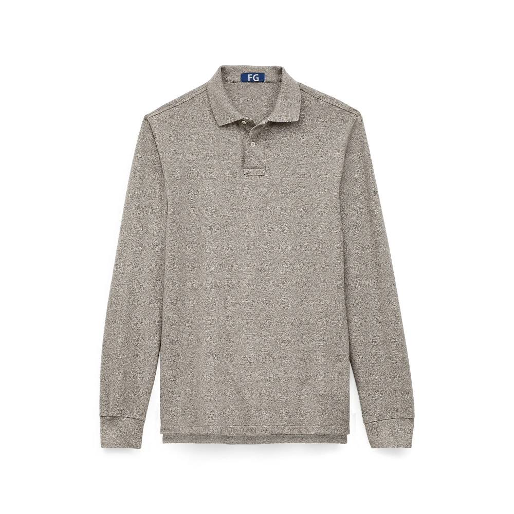 Breathable Gray Long Sleeve 100% Cotton Ribbing Button Custom Embroidery Logo Polo Shirt