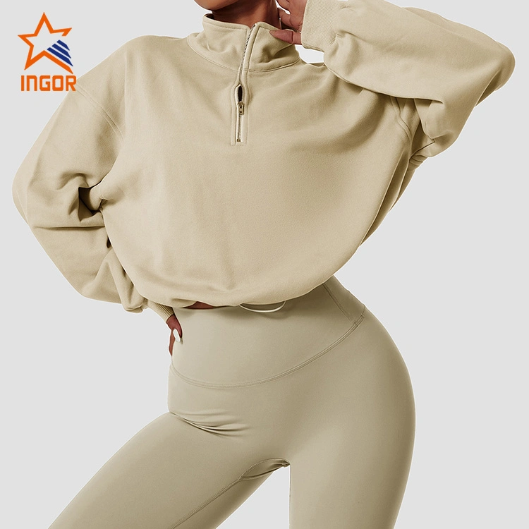 Ingor Sporstwear Activewear Pullover High Neck Fitness Sports Gym Wear Women Outdoor Running Drawstring Zipper Loose Long Sleeve Hoodies