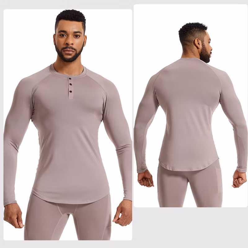 OEM Slim Fit Long Sleeve Henley Neck Workout Shirts with Buttons Closure Soft Sports Pullover Base Layer Gym Training Sweatshirts
