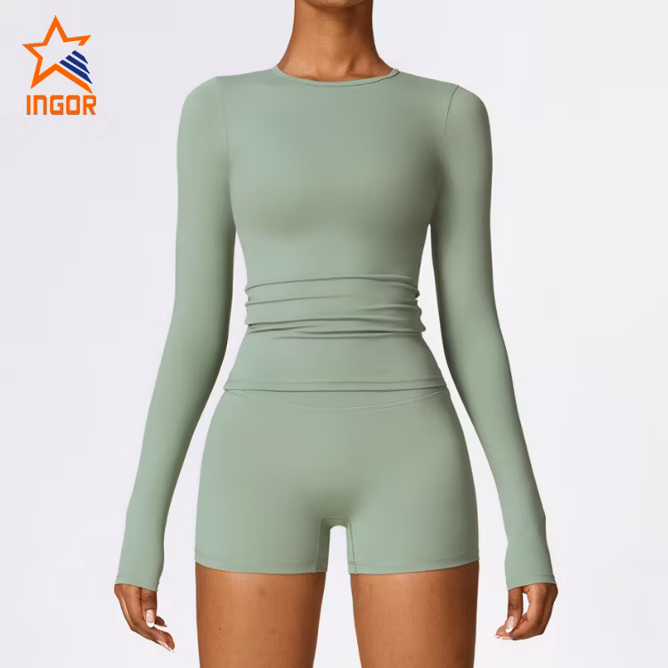 Ingor Sportswear Custom Women Activewear Manufacturer China Brushed Long Sleeve Yoga Wear High Support Fitness Gym Wear Pilates Running Sports T Shirts