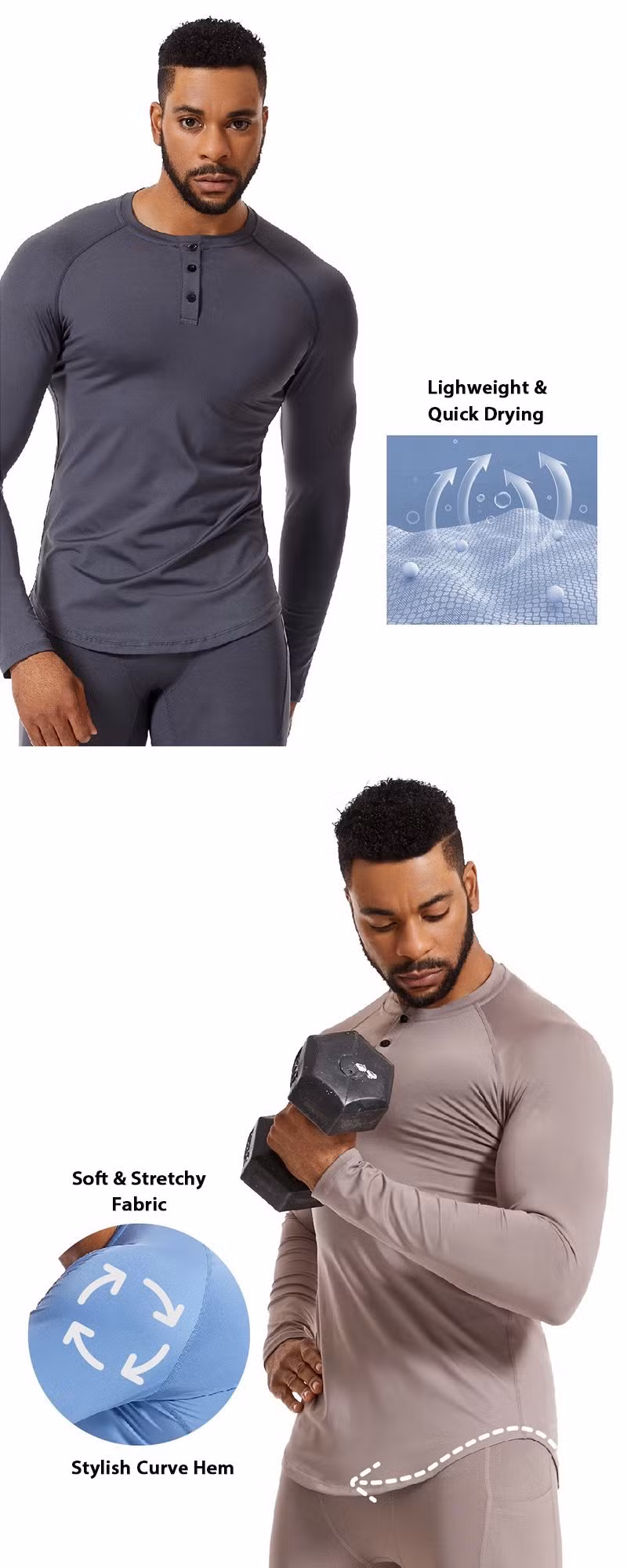 OEM Slim Fit Long Sleeve Henley Neck Workout Shirts with Buttons Closure Soft Sports Pullover Base Layer Gym Training Sweatshirts
