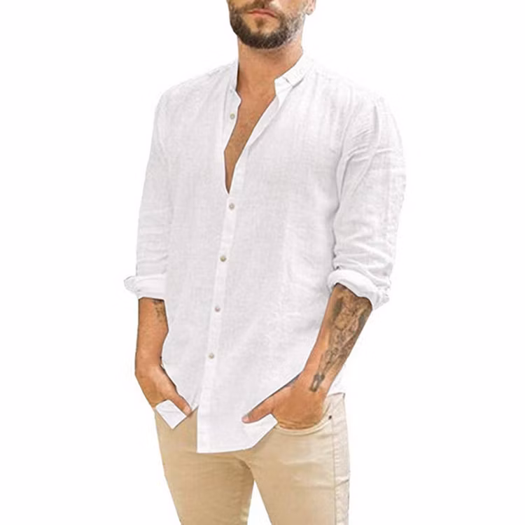 High Quality Men&prime; S Half Sleeve Linen Cardigan Plain Casual Stand Collar Shirt Beach Linen Loose Shirts Custom Polo Shirt Cotton Linen Shirt