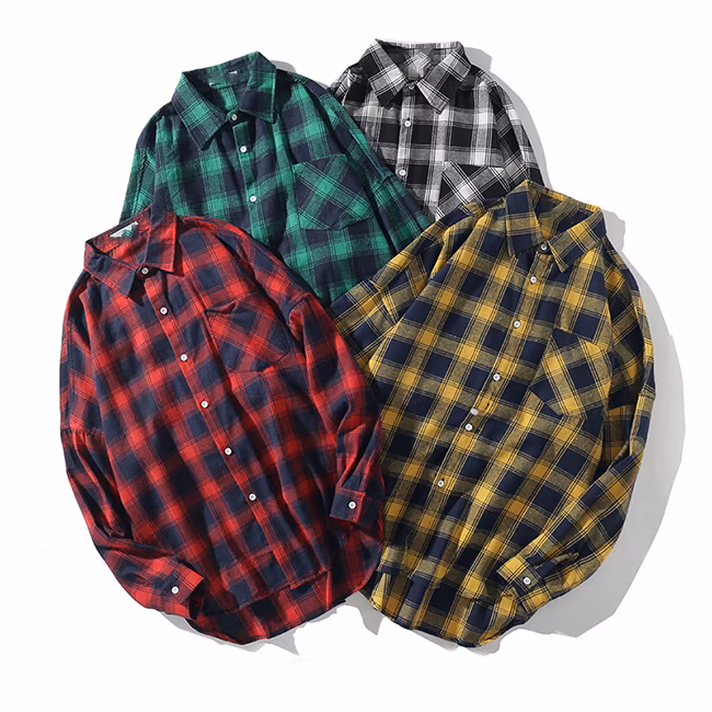 Men 100% Cotton Street Style Cheap Plain Flannel Fabric Black and Yellow Plaid Long-Sleeve Custom Flannel Shirts