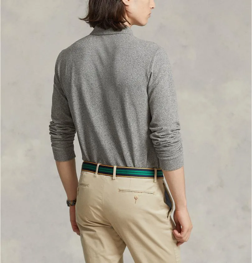 Breathable Gray Long Sleeve 100% Cotton Ribbing Button Custom Embroidery Logo Polo Shirt
