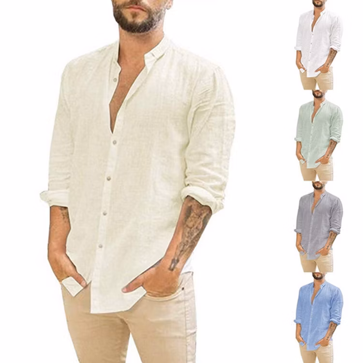 High Quality Men&prime; S Half Sleeve Linen Cardigan Plain Casual Stand Collar Shirt Beach Linen Loose Shirts Custom Polo Shirt Cotton Linen Shirt
