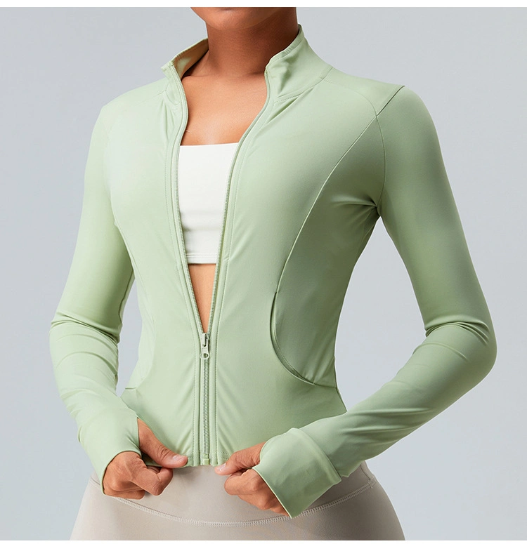 New Long Sleeve Yoga Coat Women Naked Feeling Stand-up Collar Zipper Fitness Wear Running Sports Slim Yoga Wear Top with Pockets