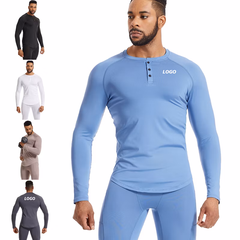 OEM Slim Fit Long Sleeve Henley Neck Workout Shirts with Buttons Closure Soft Sports Pullover Base Layer Gym Training Sweatshirts