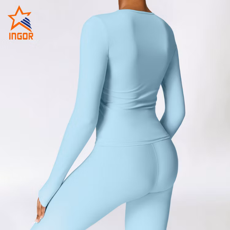 Ingor Sportswear Custom Women Activewear Manufacturer China Brushed Long Sleeve Yoga Wear High Support Fitness Gym Wear Pilates Running Sports T Shirts