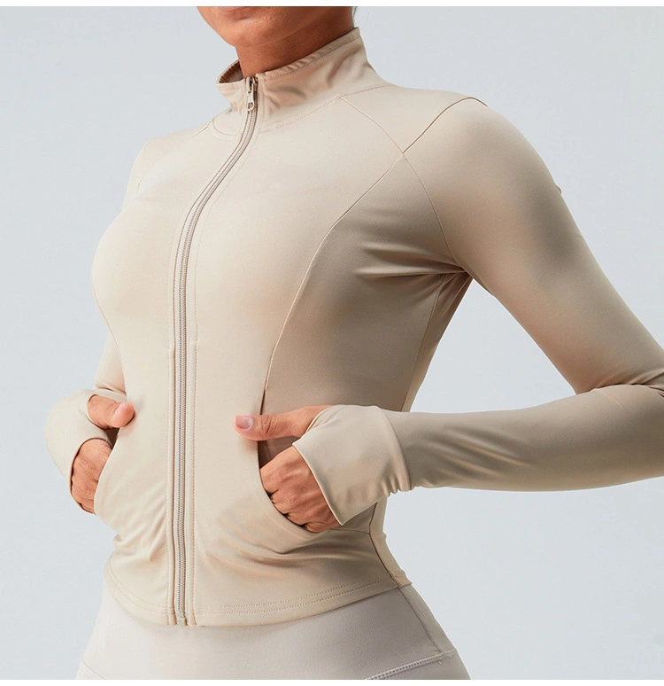 New Long Sleeve Yoga Coat Women Naked Feeling Stand-up Collar Zipper Fitness Wear Running Sports Slim Yoga Wear Top with Pockets