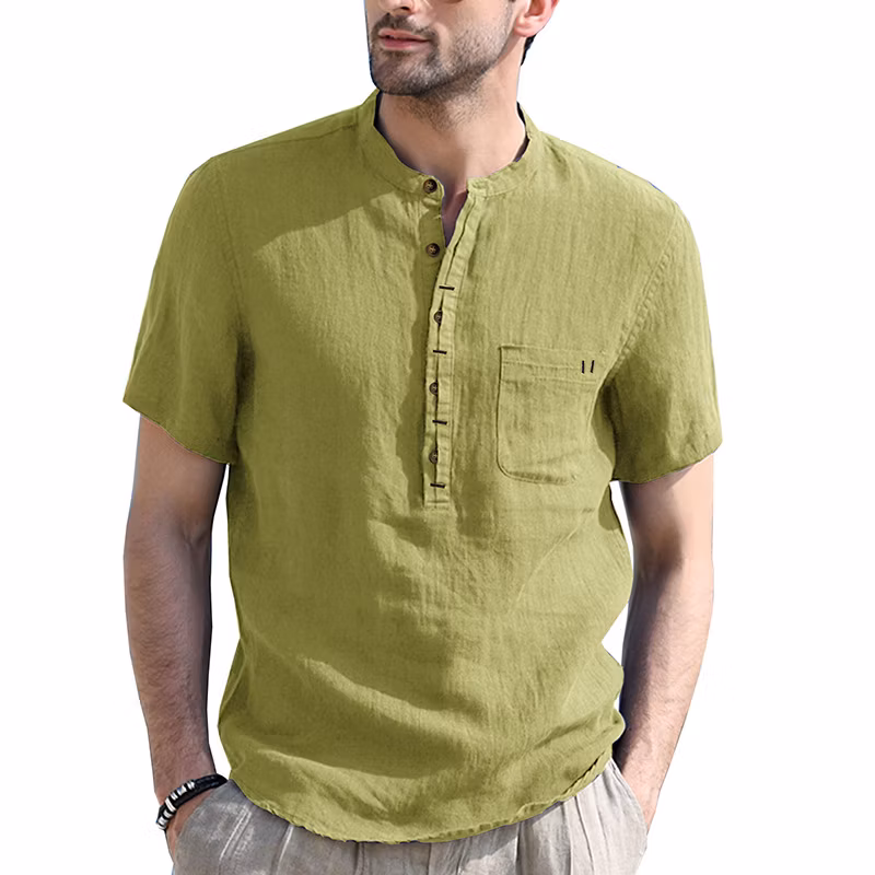 Trade Cross-Border Henley Collar Solid Color Short-Sleeved Shirt Amazon Men&prime;s Cotton Shirt