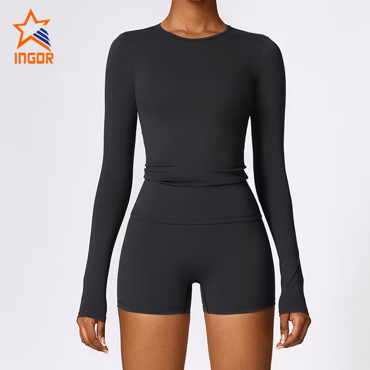 Ingor Sportswear Custom Women Activewear Manufacturer China Brushed Long Sleeve Yoga Wear High Support Fitness Gym Wear Pilates Running Sports T Shirts