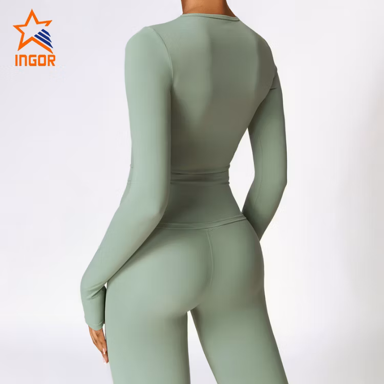 Ingor Sportswear Custom Women Activewear Manufacturer China Brushed Long Sleeve Yoga Wear High Support Fitness Gym Wear Pilates Running Sports T Shirts