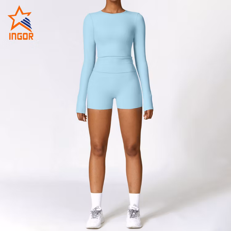 Ingor Sportswear Custom Women Activewear Manufacturer China Brushed Long Sleeve Yoga Wear High Support Fitness Gym Wear Pilates Running Sports T Shirts