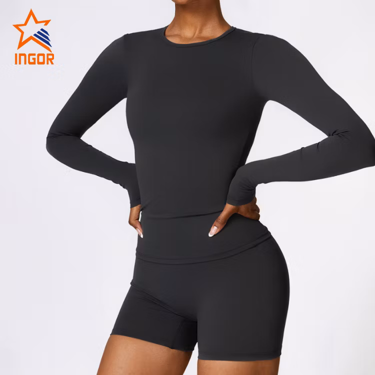 Ingor Sportswear Custom Women Activewear Manufacturer China Brushed Long Sleeve Yoga Wear High Support Fitness Gym Wear Pilates Running Sports T Shirts