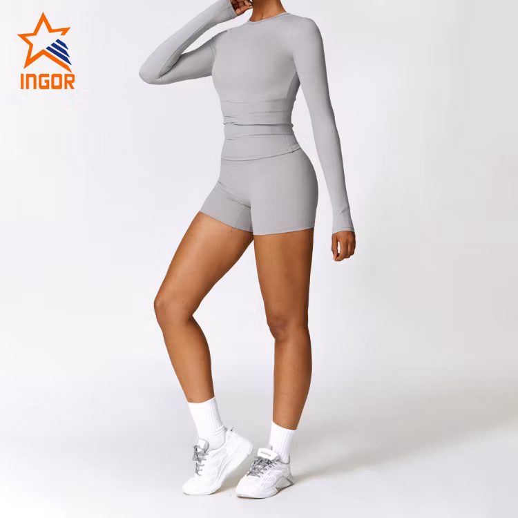 Ingor Sportswear Custom Women Activewear Manufacturer China Brushed Long Sleeve Yoga Wear High Support Fitness Gym Wear Pilates Running Sports T Shirts