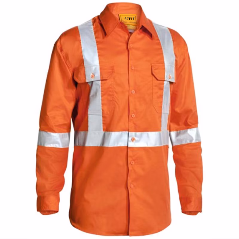 Customized Hi Vis White Long Sleeve Durable Heavy Cotton Reflective Shirts