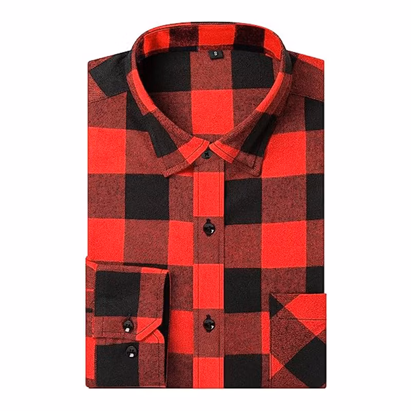 Plaid Flannel Shirt Red Black Plaid Long Sleeve Men Flannel Shirt with Embroidery Logo