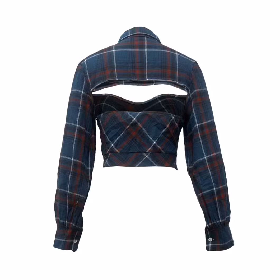 L521 Sexy Cotton Digital Printed Shirt Collar Long Sleeve Hollow Stitching Tops