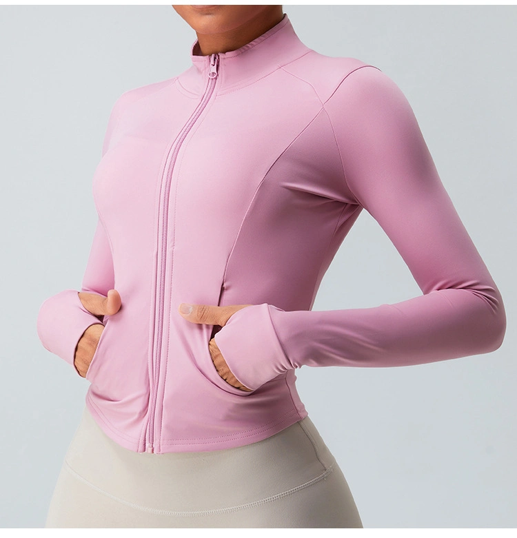New Long Sleeve Yoga Coat Women Naked Feeling Stand-up Collar Zipper Fitness Wear Running Sports Slim Yoga Wear Top with Pockets