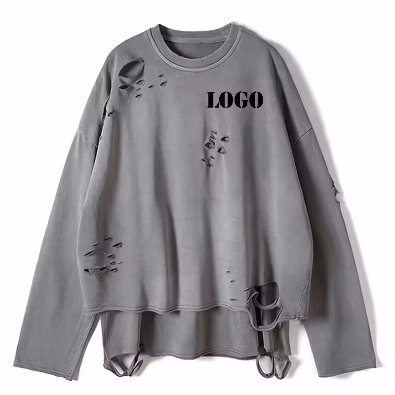 Custom Luxury Distressed Cotton Acid Wash Man Cropped T-Shirt Graphic Sun Faded Waffle Double Layer Long Sleeve T Shirt